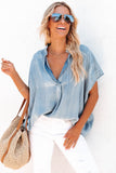 Split V-Neck Balloon Sleeve Ruched Denim Top