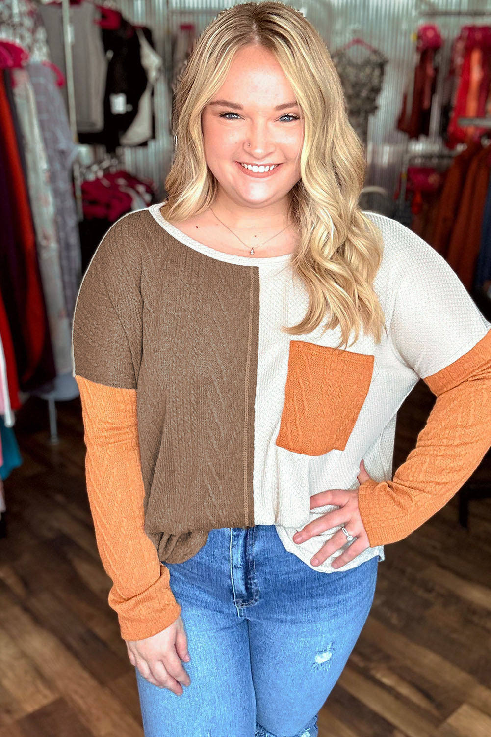 Orange Long Sleeve Colorblock Chest Pocket Textured Knit Top