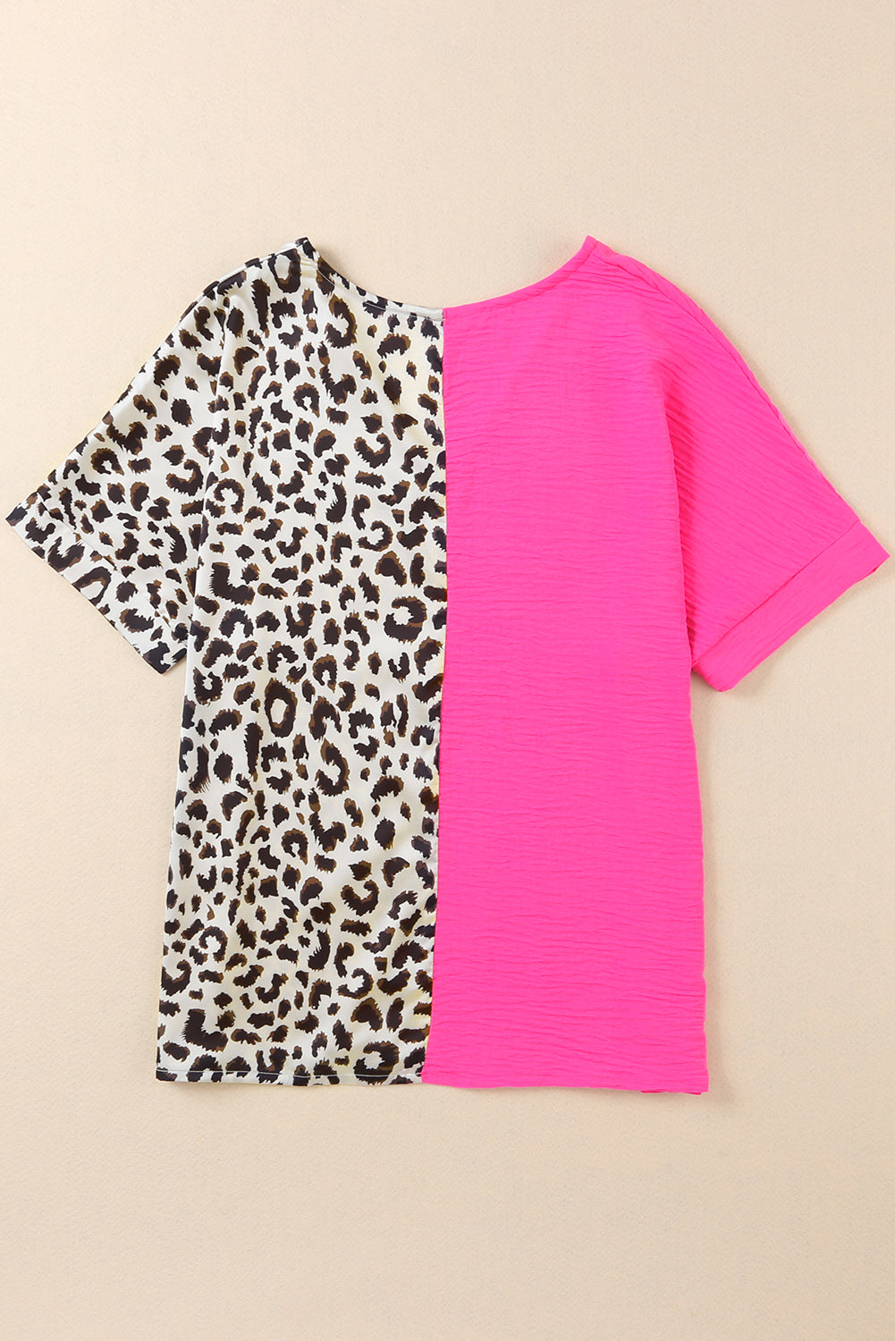 Leopard Color Block Roll Tab Sleeve V Neck Top