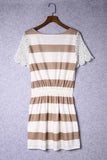 Lace Crochet Short Sleeve Drawstring Striped Dress