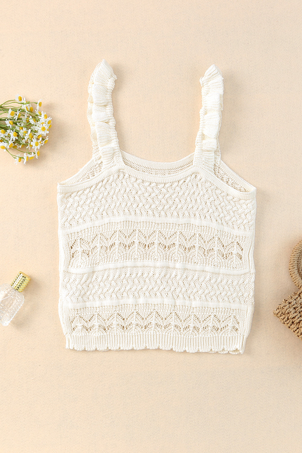 Débardeur blanc en tricot au crochet avec bretelles à volants 