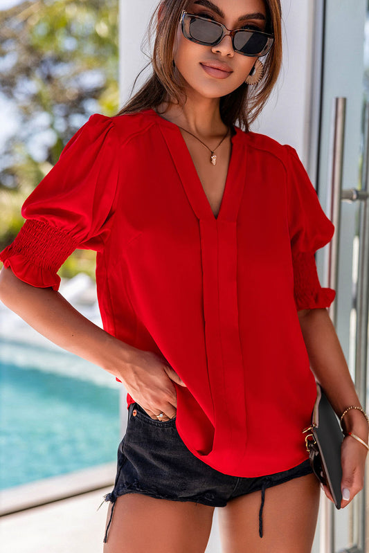 Solid Color Half Sleeve V Neck Blouse