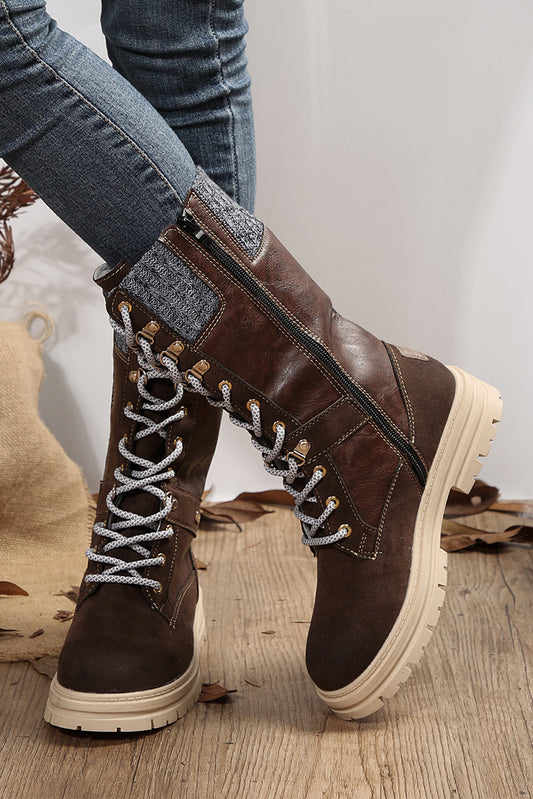 Wool Knit Patchwork Lace Up Leather Boots