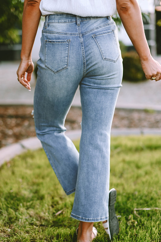 Sky Blue Distressed Ripped Flare Jeans