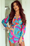 Abstract Print Wrap V Neck Puff Sleeve Dress