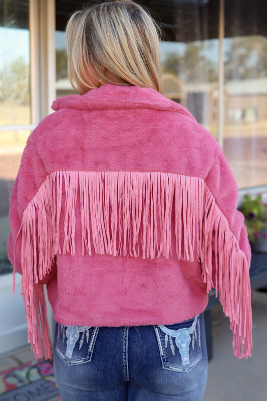 Pink Fringed Full Zipper Fleece Jacket