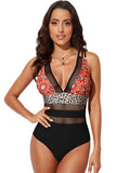 Floral Leopard Splicing Color Block Mesh One Piece Swimsuit