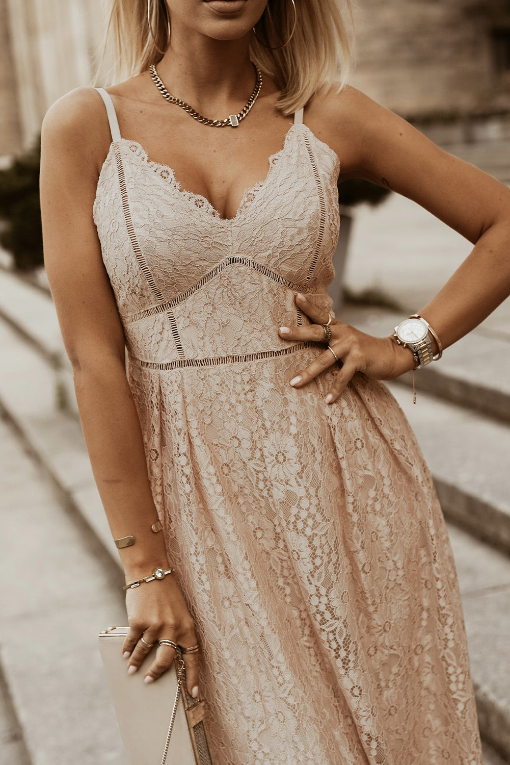 Spaghetti Strap V-Neck Lace Maxi Dress