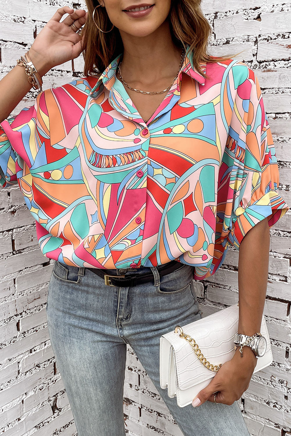 Abstract Geometry Print Half Puff Sleeve Loose Shirt