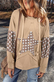 Apricot Floral Patchwork Star Pattern Drawstring Hoodie