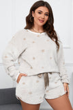 White Plush Star Pattern Long Sleeve Pullover and Shorts Lounge Set