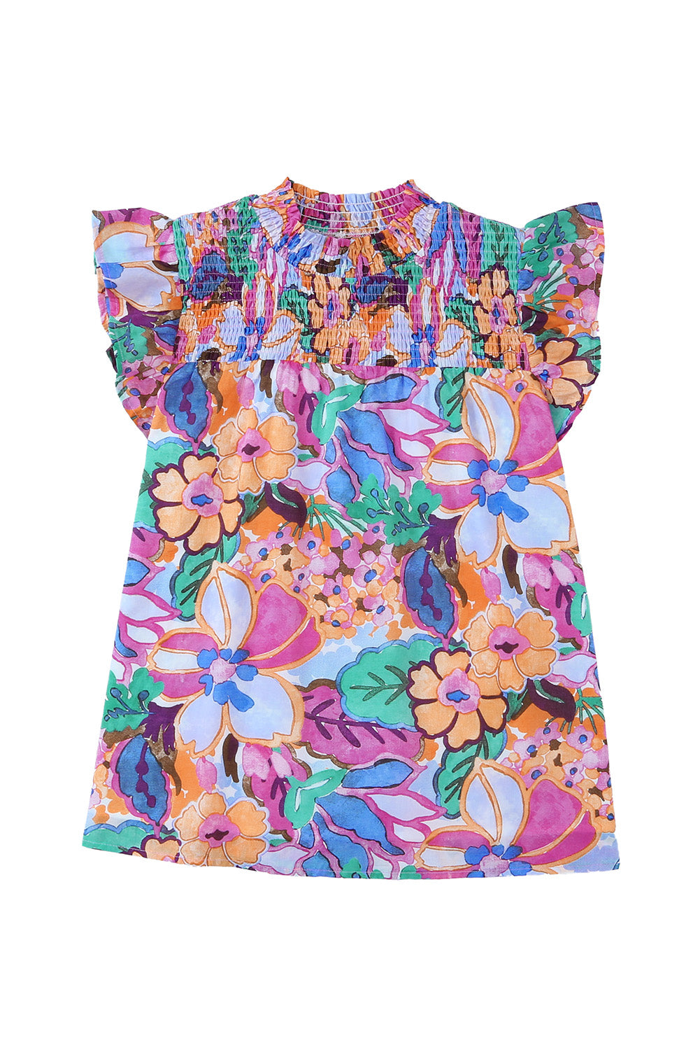 Floral Print Flutter Sleeves Smocked Neck Blouse