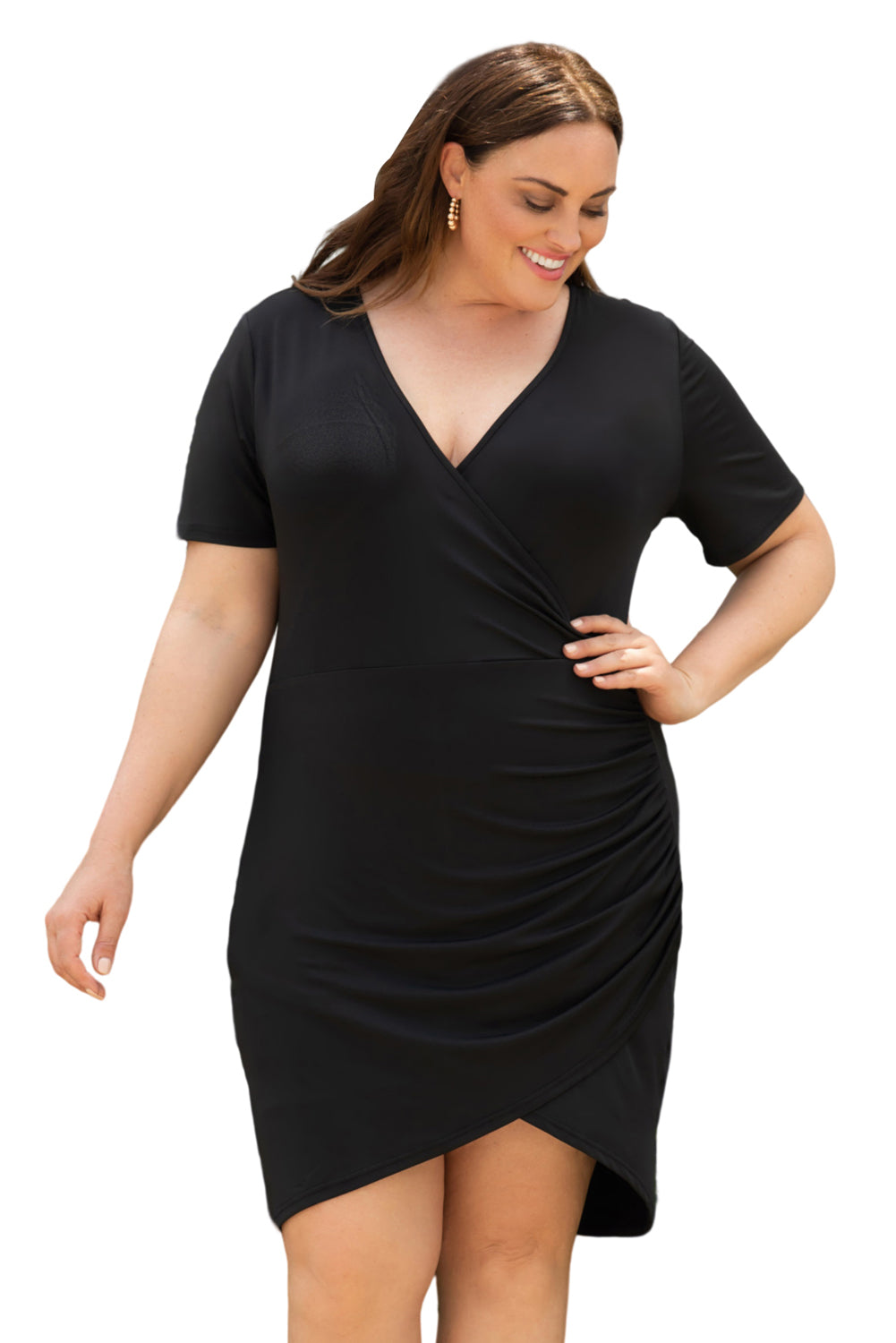 Wrap Ruched Short Sleeves Plus Size Mini Dress