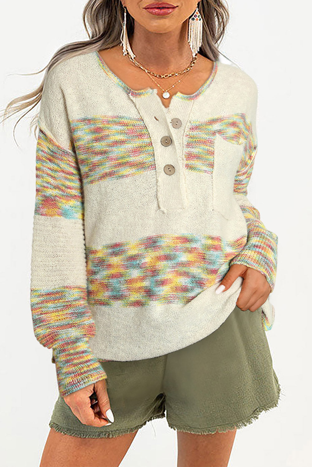 Pull en tricot Henley multicolore à teinture spatiale