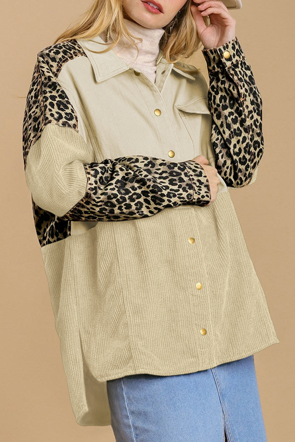 Leopard Patchwork High Low Shirt Jacket