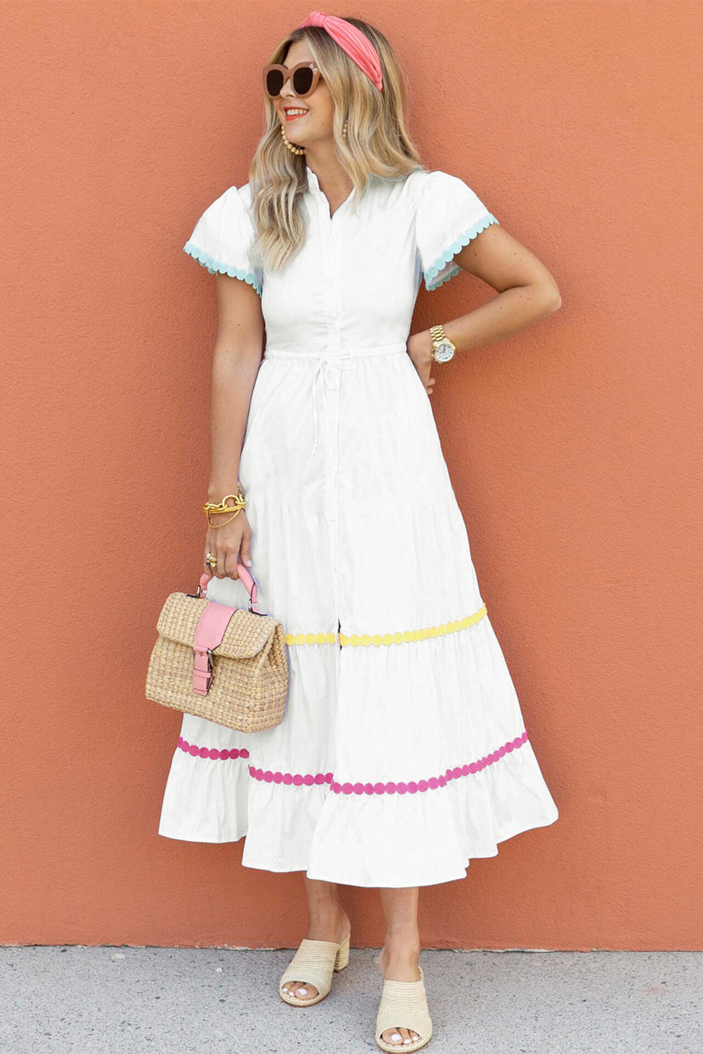 White Colorblock Rickrack Trim Short Sleeve Drawstring Waist Long Dress