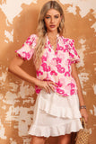 Split Neck Ruffled Puff Sleeves Floral Top