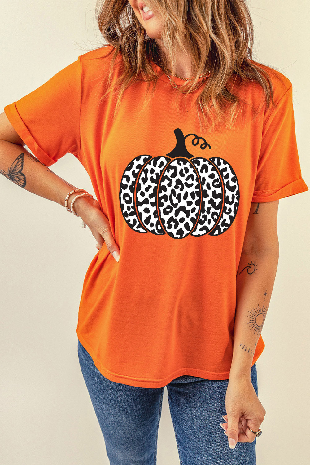 Leopard Pumpkin Graphic Daily Fashion Tee