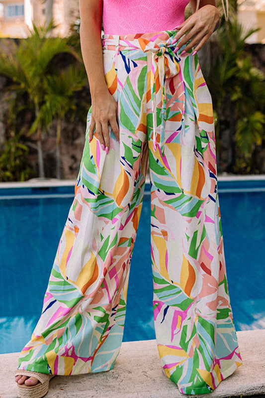 Tropical Leafy Print Belted Wide Leg Pants