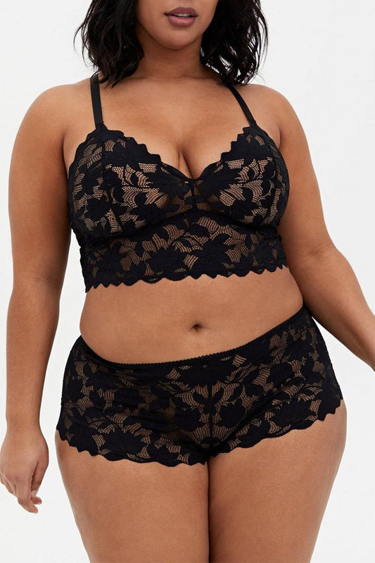 Ensemble de lingerie noir en dentelle semi-transparente de grande taille