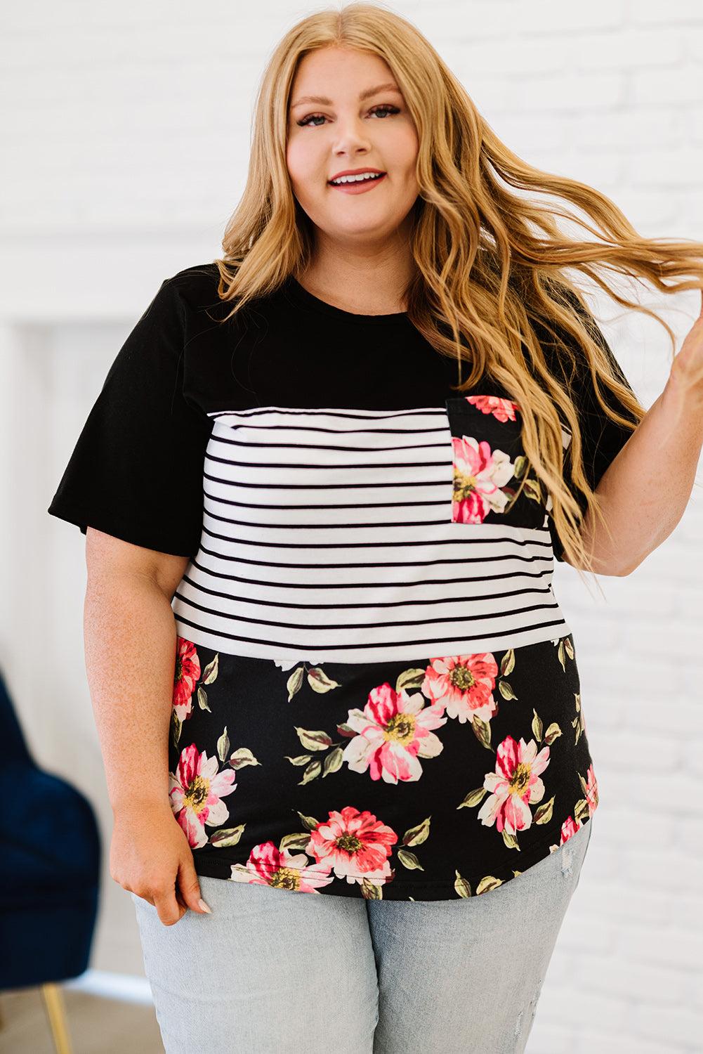 Plus Size Splicing Block Stripe Floral Short Sleeve Top