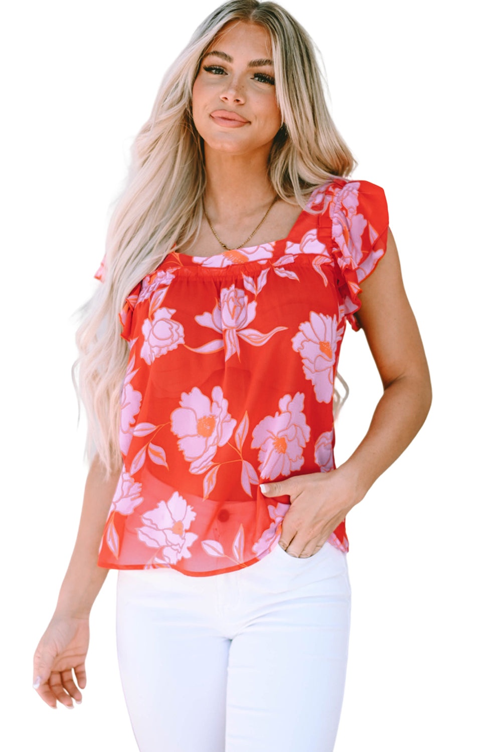 Floral Square Neck Ruffle Sleeve Blouse