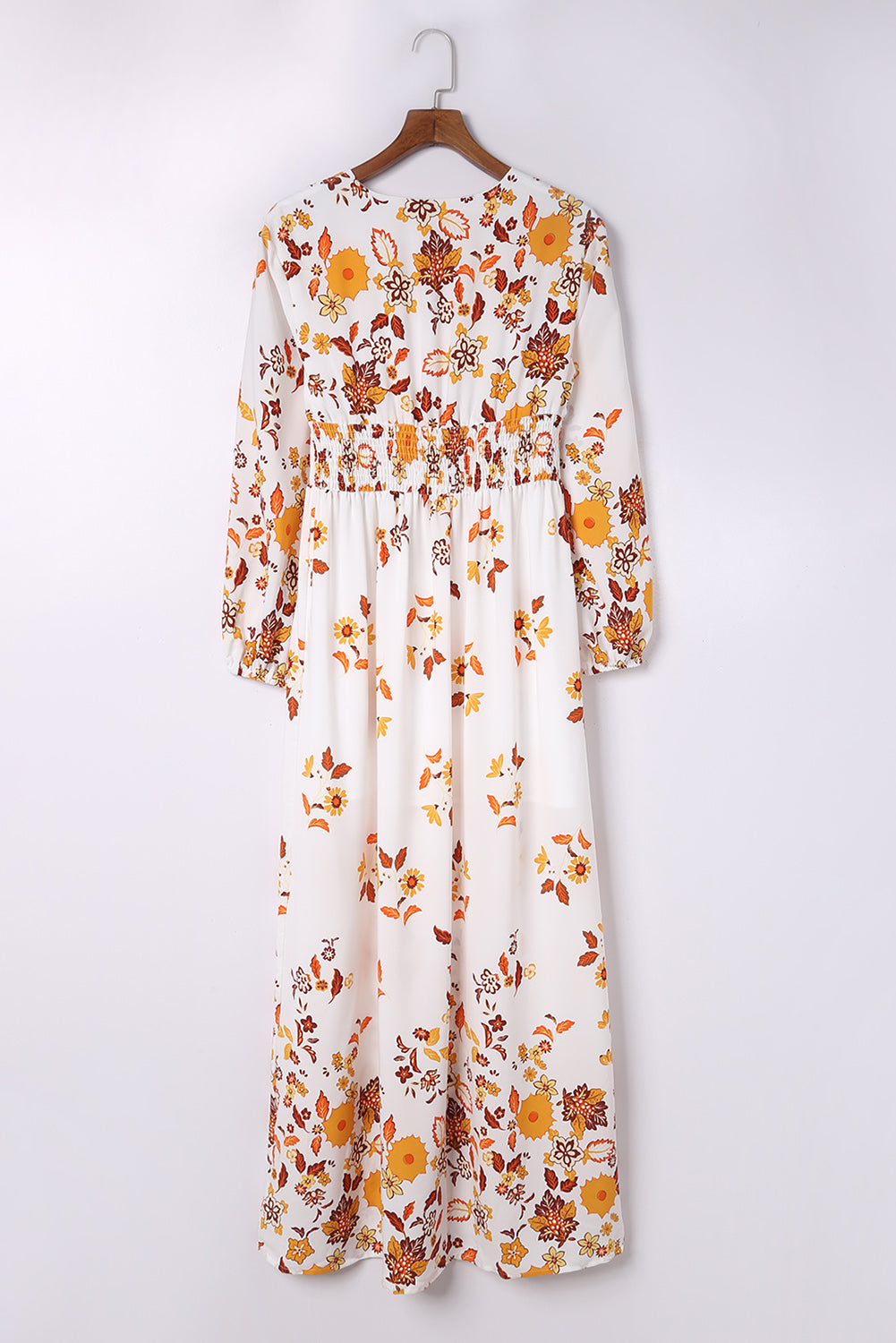 Leaf Print V Neck Puff Sleeve Maxi Dress