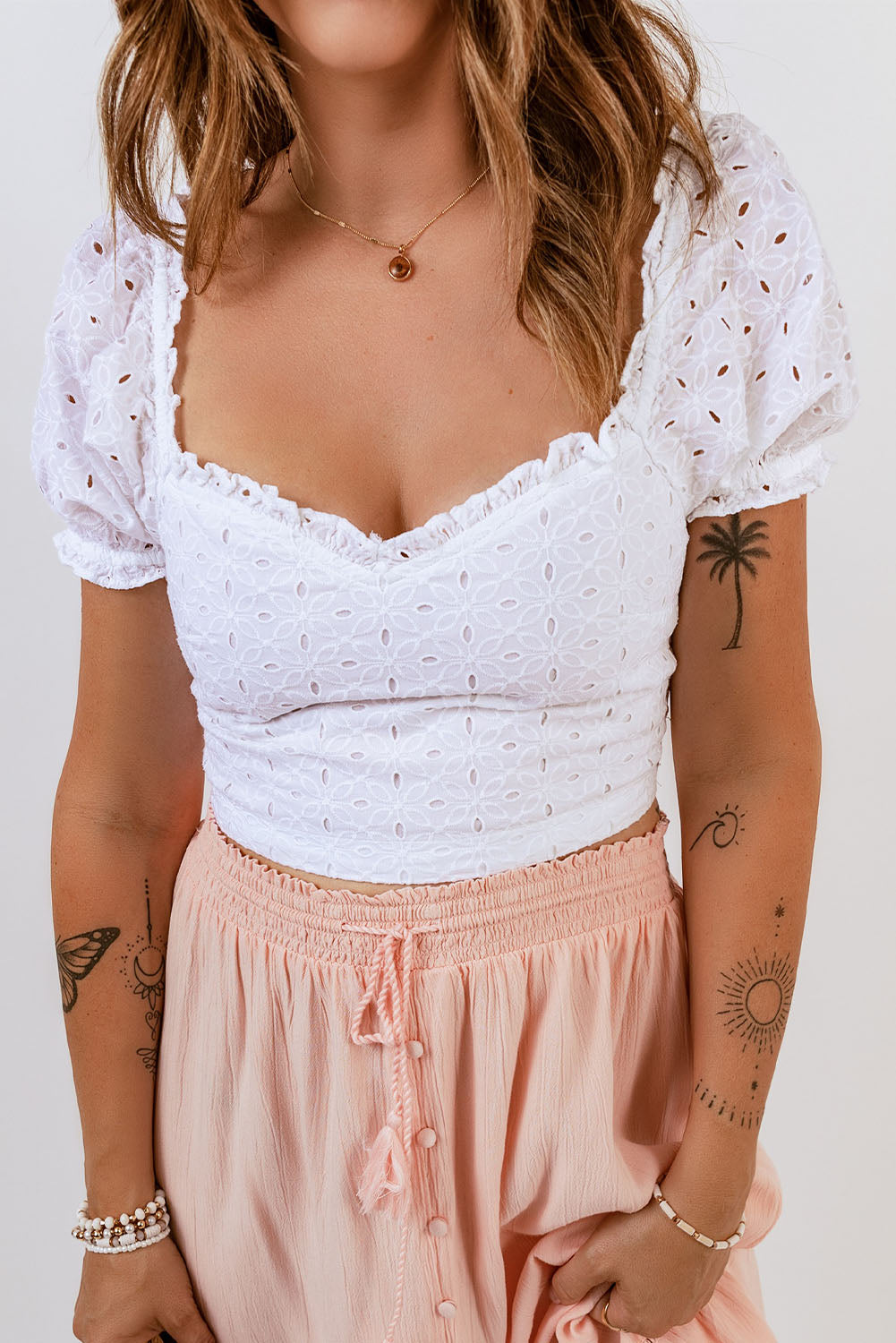 Lace Crochet Puff Sleeves Crop Top