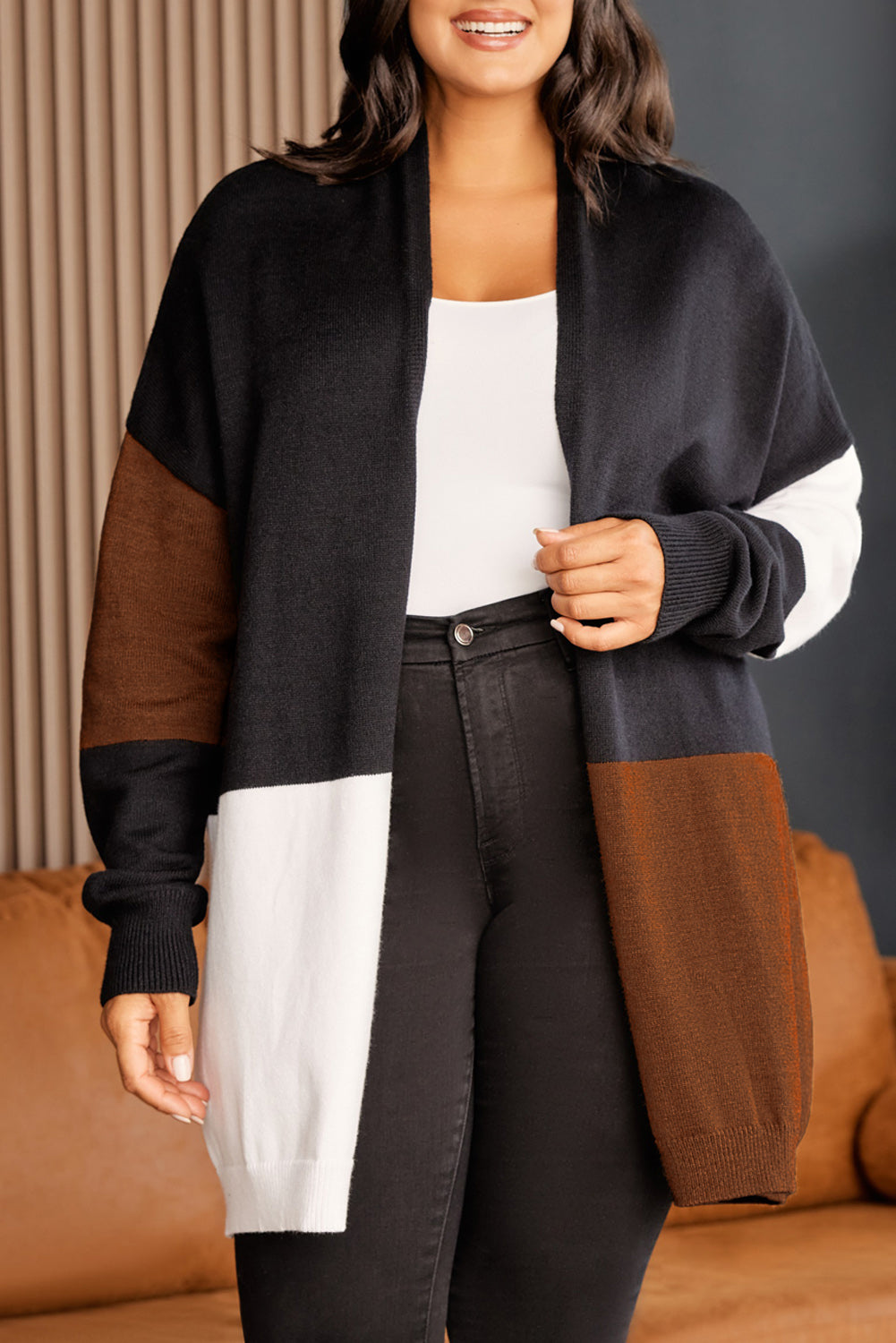 Plus Size Open Front Color Block Cardigan