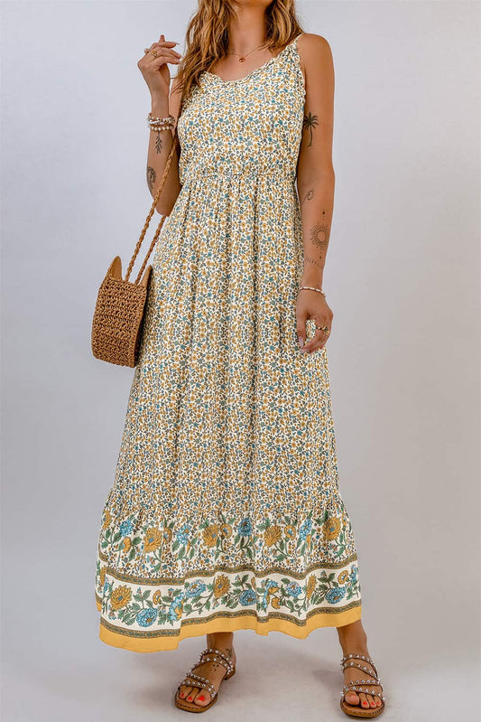 Floral Print Smocked Back Sleeveless Maxi Dress