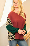 Leopard Splicing Waffle Color Block Puff Sleeve Top