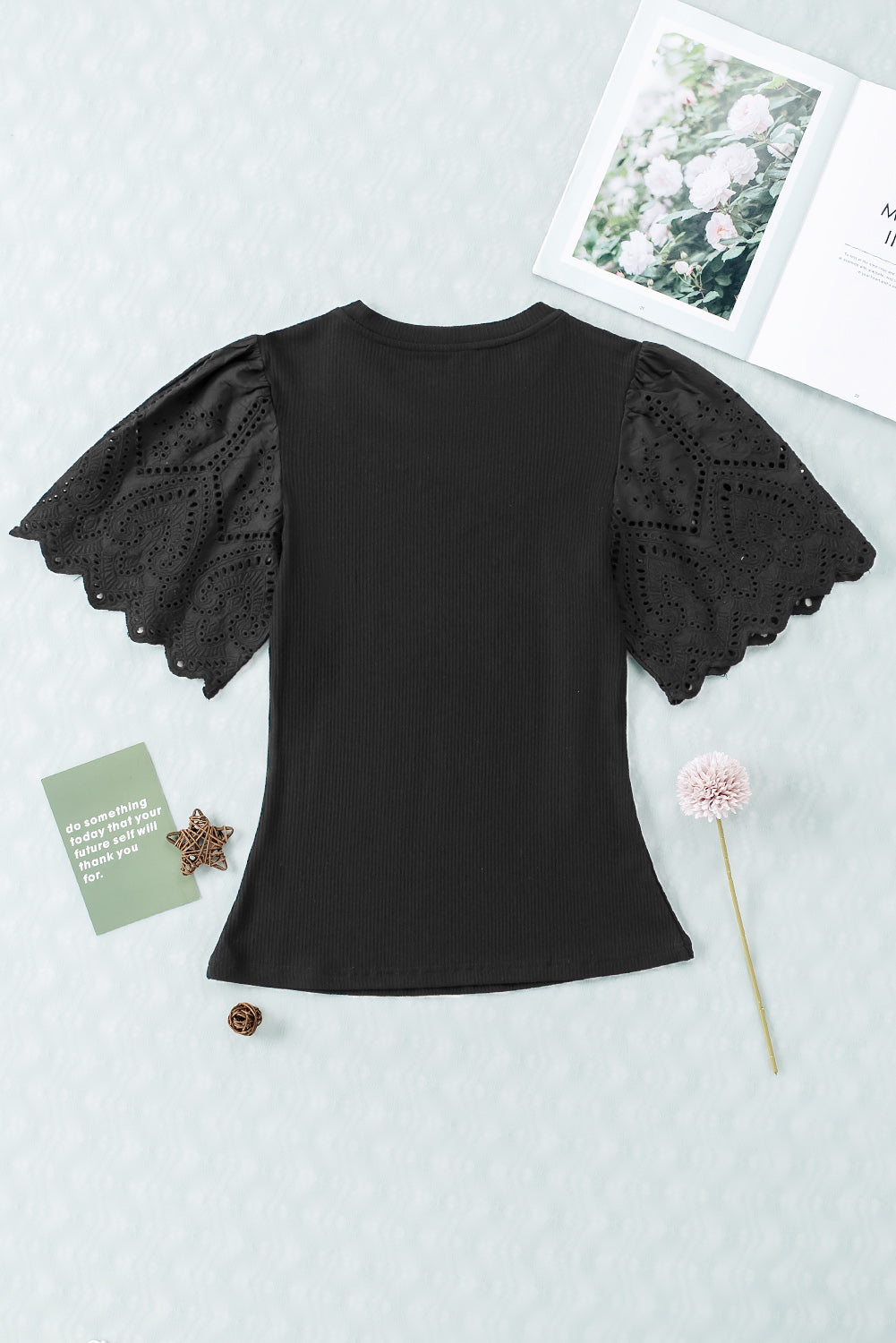 Scalloped Eyelet Sleeve Ribbed Knit Top