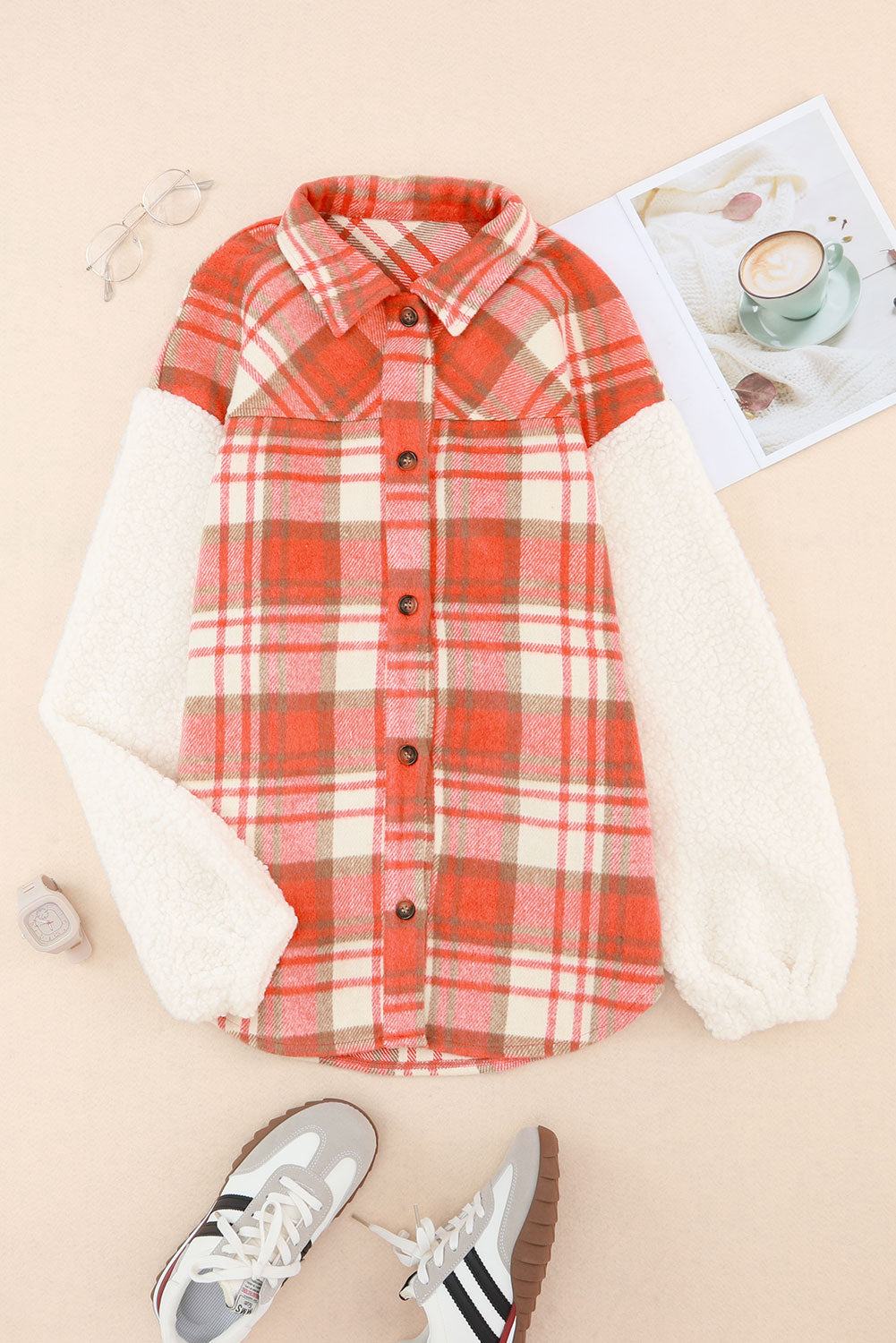 Sherpa Sleeve Plaid Print Shacket