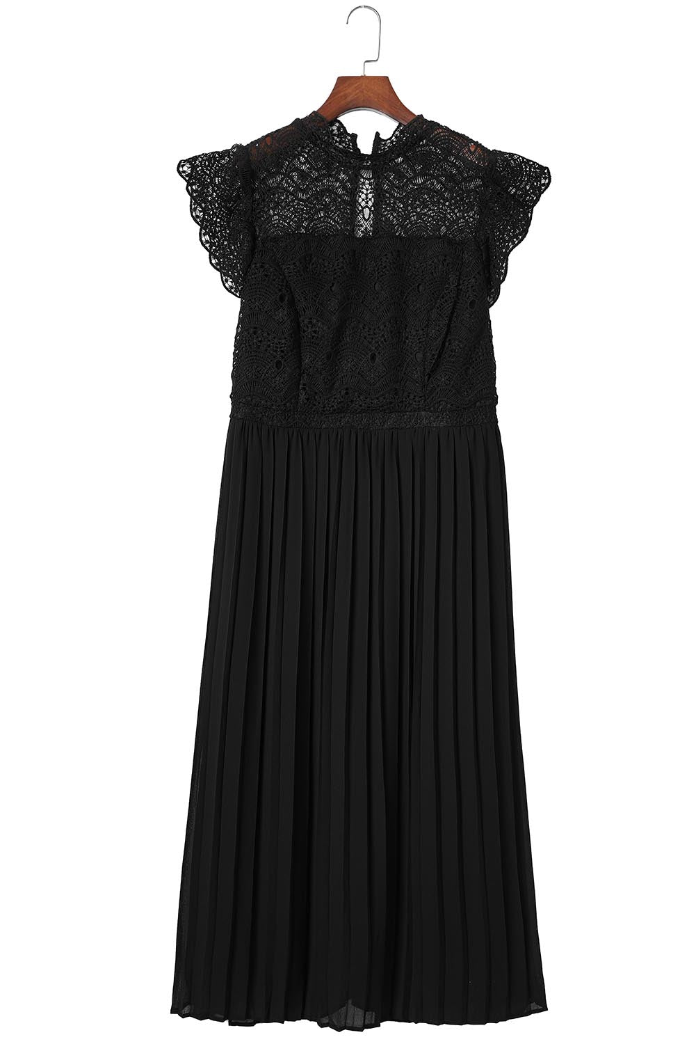 Plus Size Lace Bodice High Neck Flowy Pleated Dress