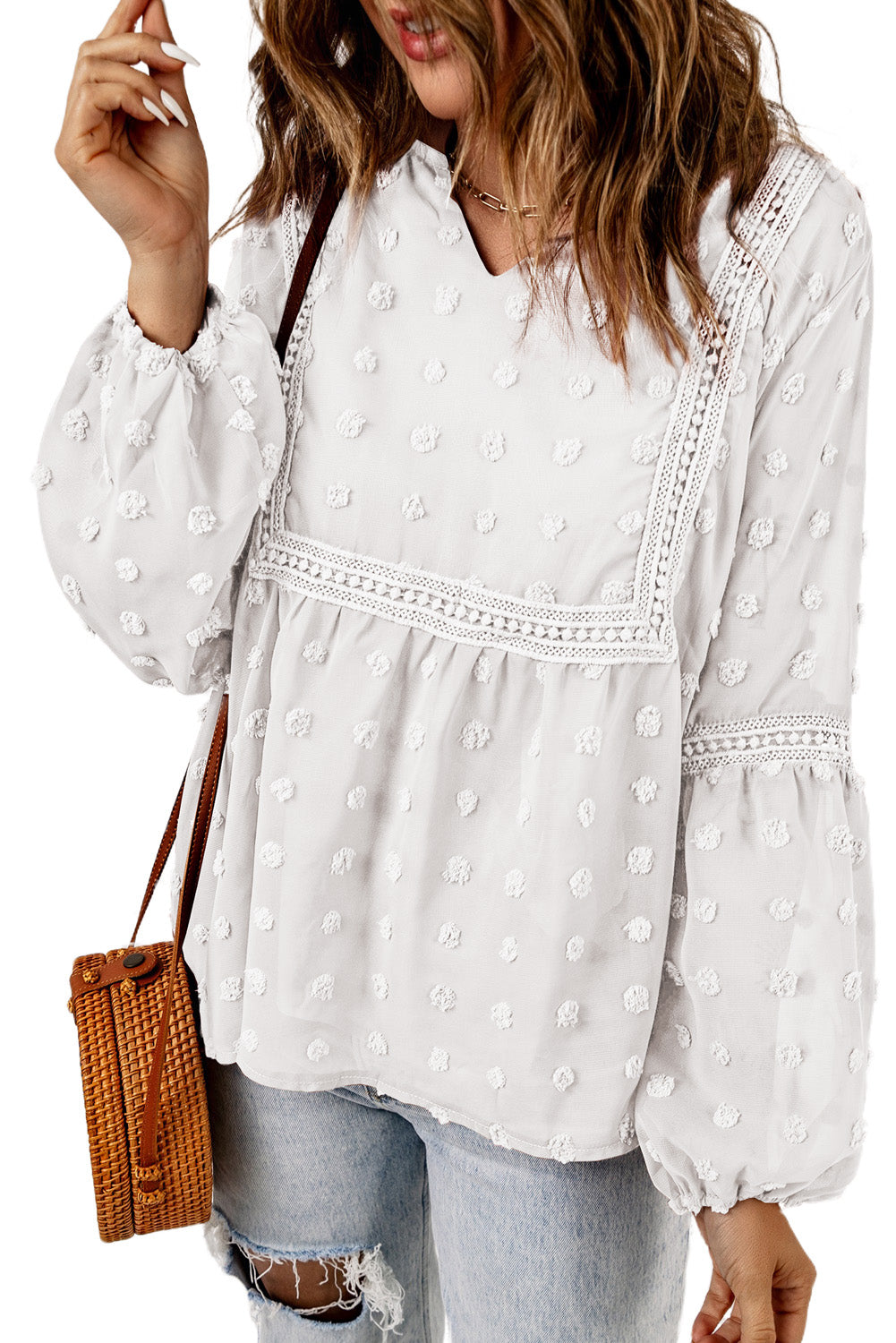 Ruffled Split Neck Lace Hollow Out Puff Sleeve Polka Dot Blouse