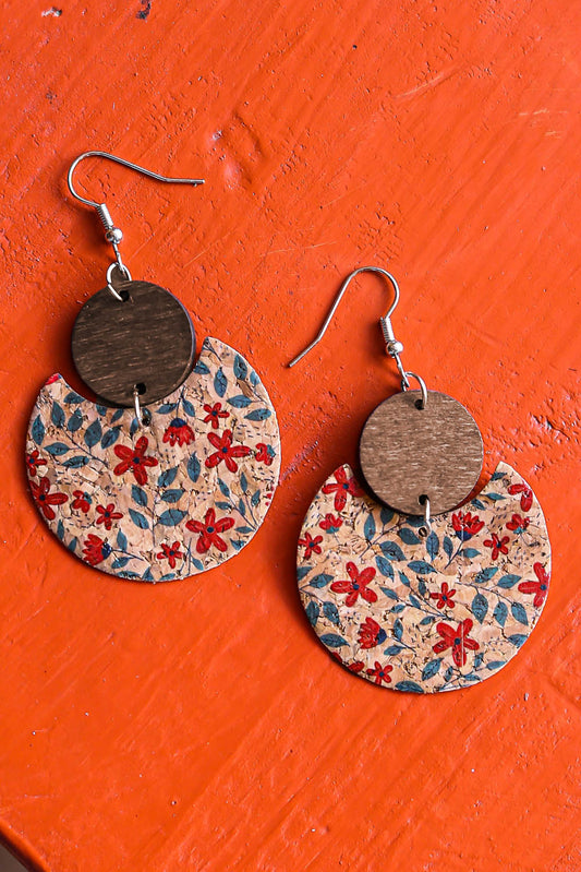 Vintage Floral Print Geometric Wood Earrings