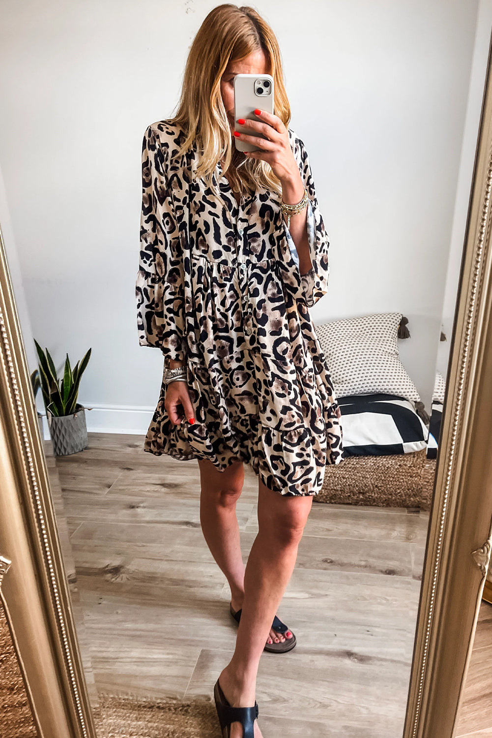 Black Leopard Print Buttoned Front 3/4 Sleeve Tiered Ruffled Hem Dress