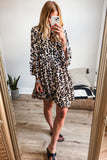 Black Leopard Print Buttoned Front 3/4 Sleeve Tiered Ruffled Hem Dress