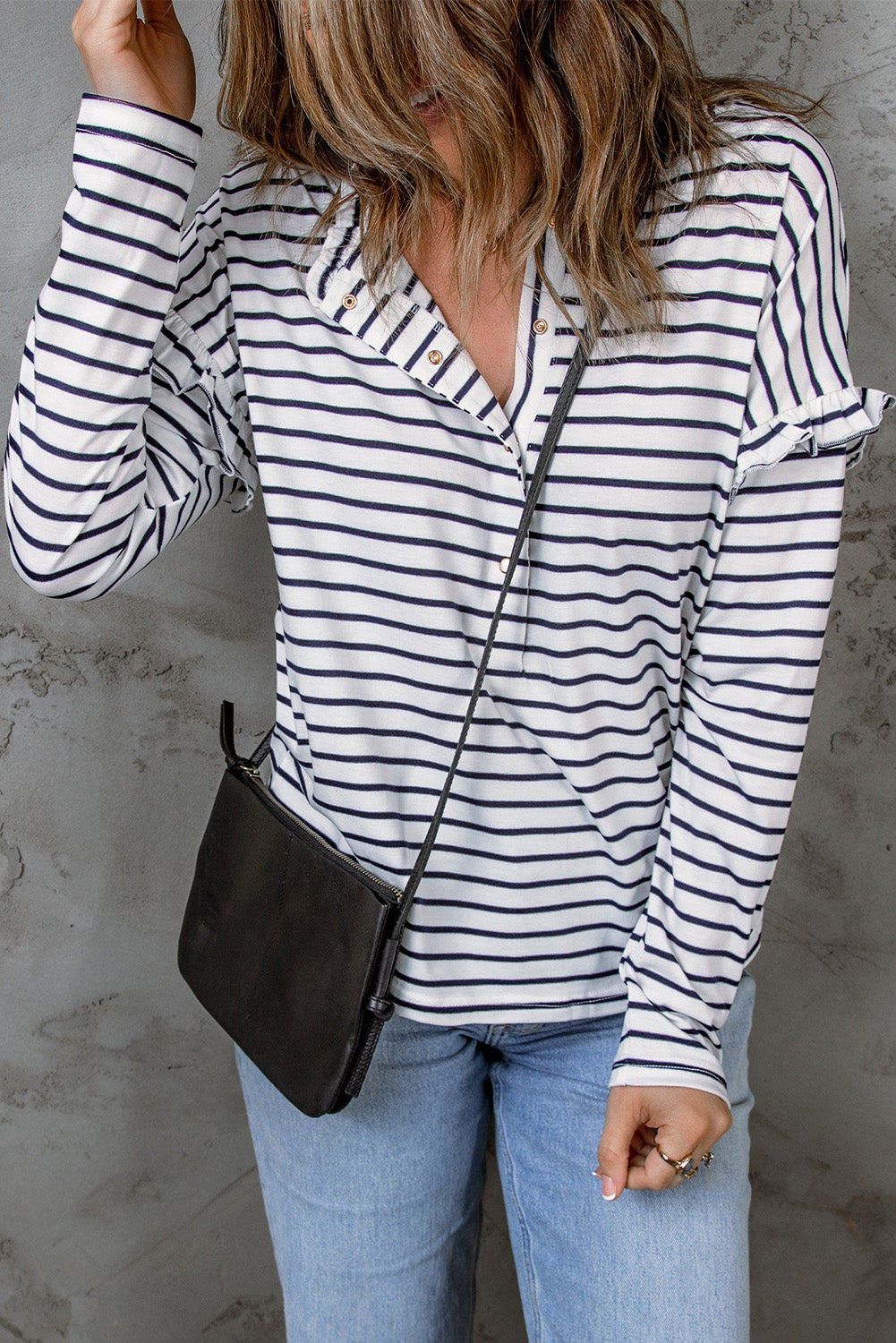 Striped Print Ruffled Buttoned Long Sleeve Top