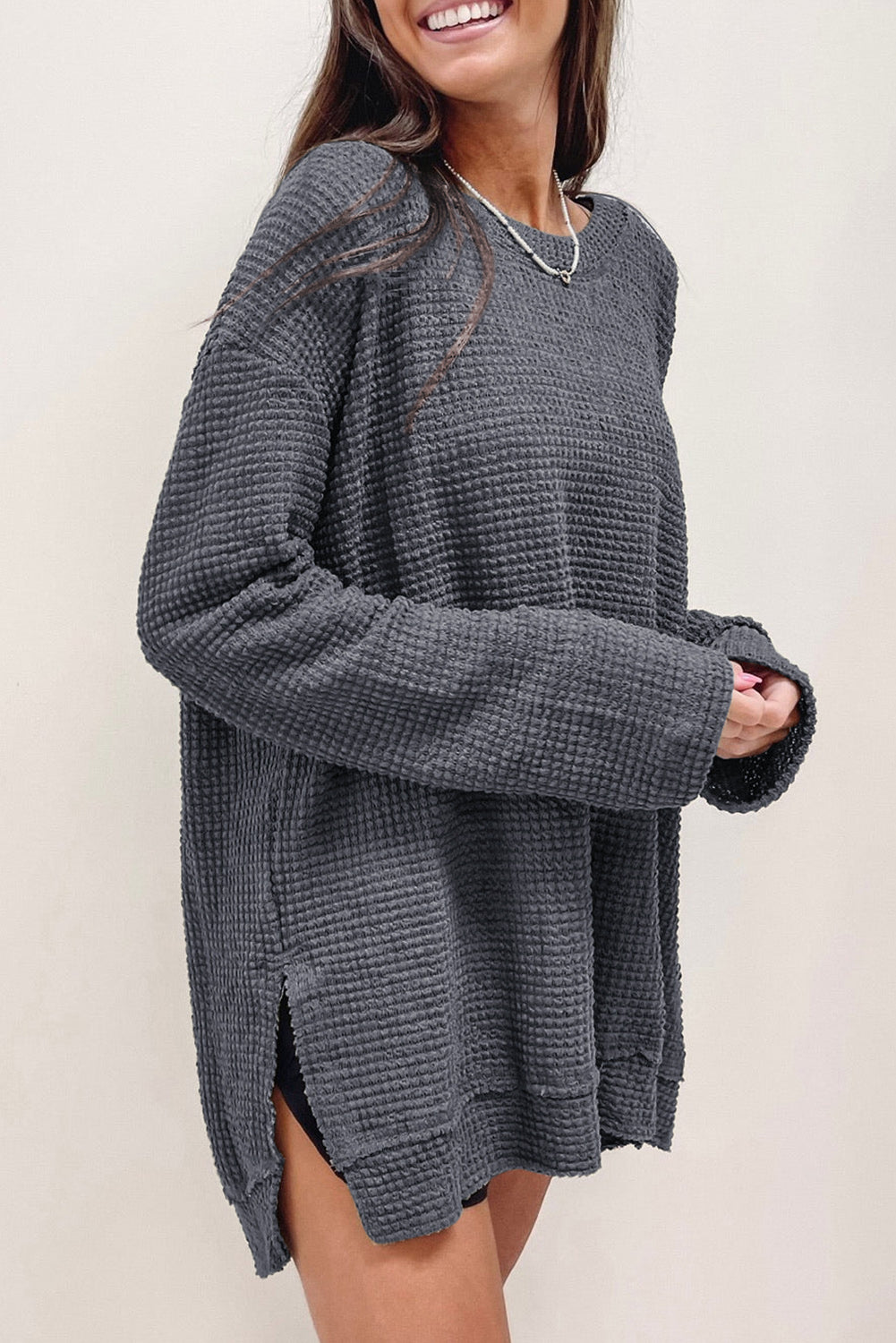 Gray Waffle Knit High Slits Oversized Top