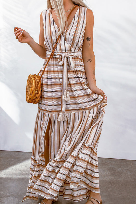 Striped V Neck Sleeveless Maxi Dress with Tie