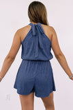 Bluing Knot Back High Neck Crinkle Textured Romper