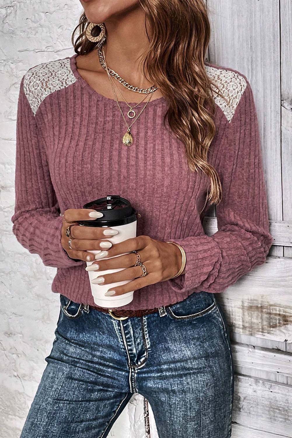 Ribbed Knit Lace Patch Shoulder Casual Sweater