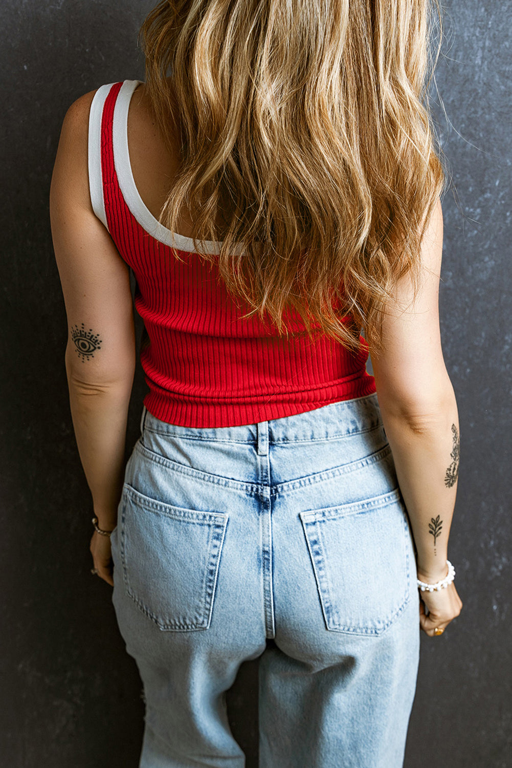 Fiery Red Colorblock Edge Ribbed Knit U Neck Tank Top