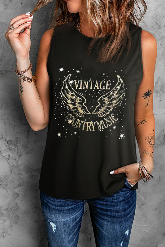 Vintage Country Music Wing Glitter Print Tank Top