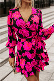 Floral Print V Neck Wrap Bishop Sleeve Ruffle Tiered Mini Dress