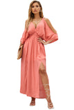 Cold Shoulder Side Slit Backless Deep V Neck Maxi Dress