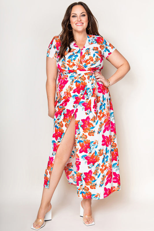 Wrap V Neck Short Sleeve Floral Maxi Dress