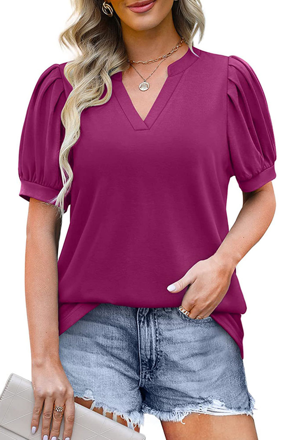 Solid Color Pleated Puff Short Sleeve Top