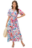 Abstract Printed Wrap V Neck Belted Maxi Dress